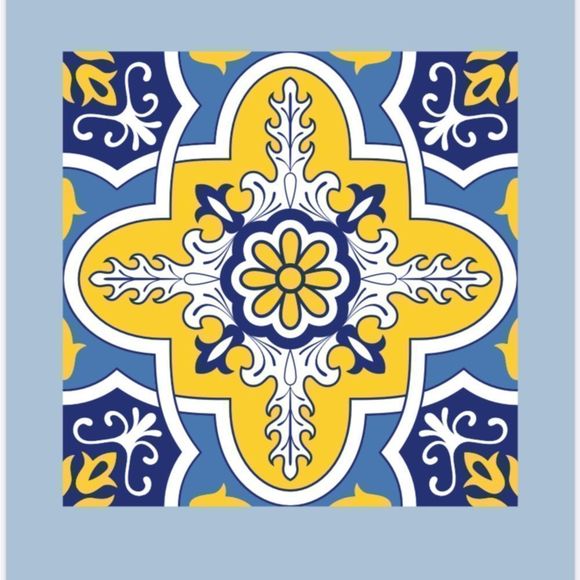 Moroccan Tribal Trendy Tile Blue yellow Poster Wall Art set of four Art Print - Picture 10 of 12